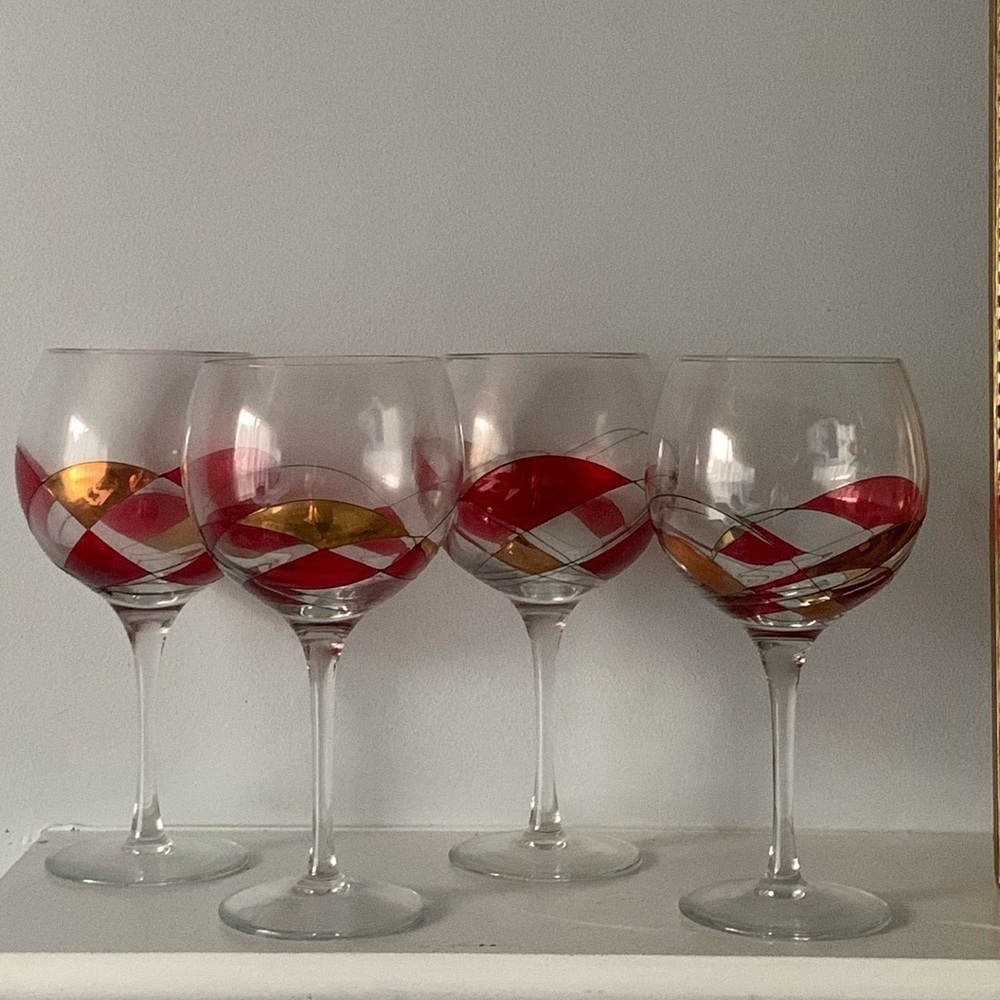 4 red gold 8.25" Water Wine Glass Goblet‎ Stain mosaic La Fleur Monarch Milano